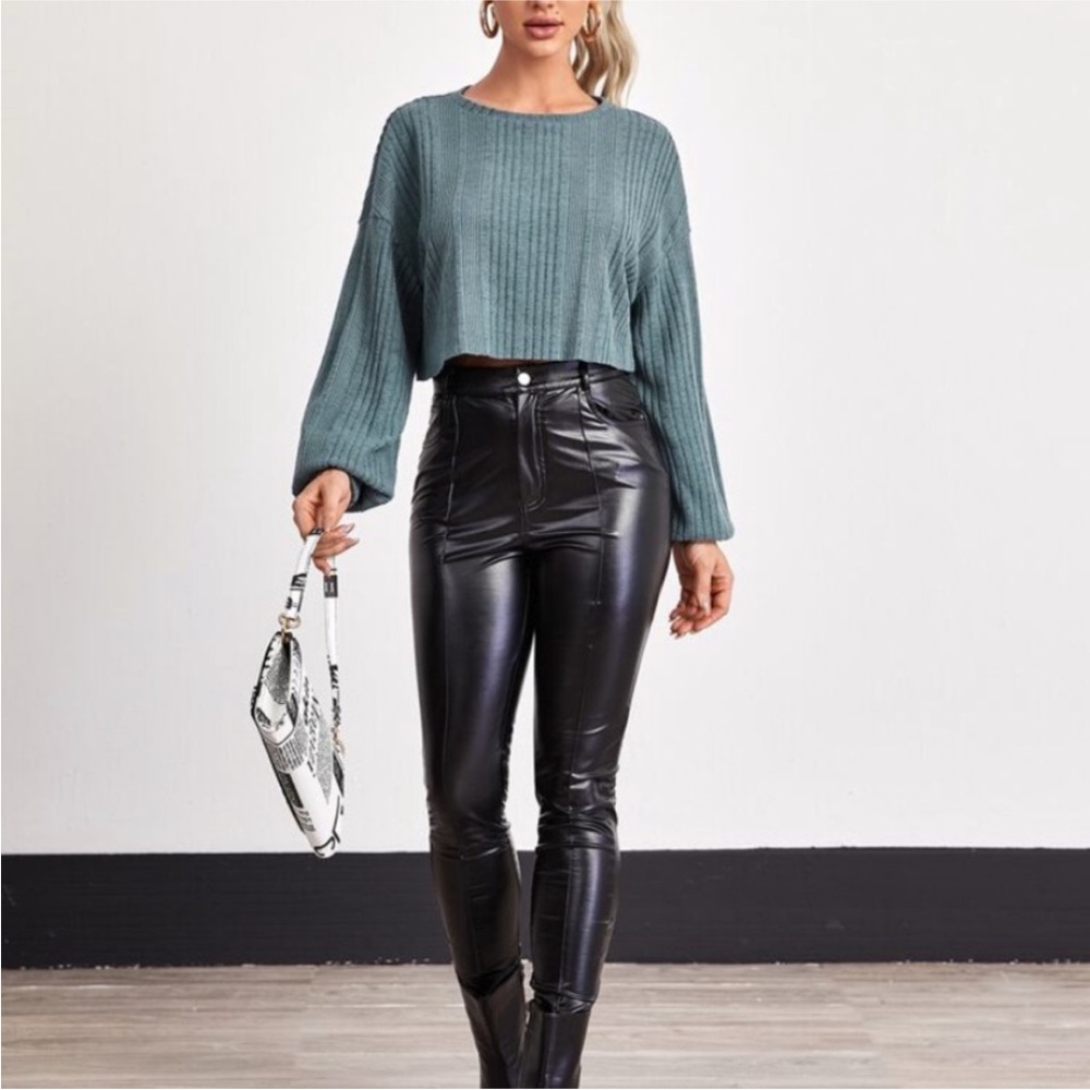 Teal Ribbed Knit Sweater and Black Leather Pants